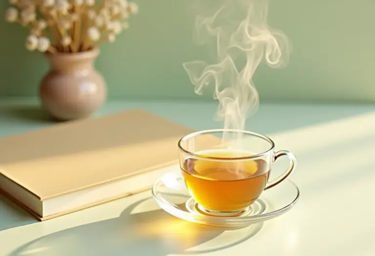 Chá de Tília sendo servido em xícara de vidro.