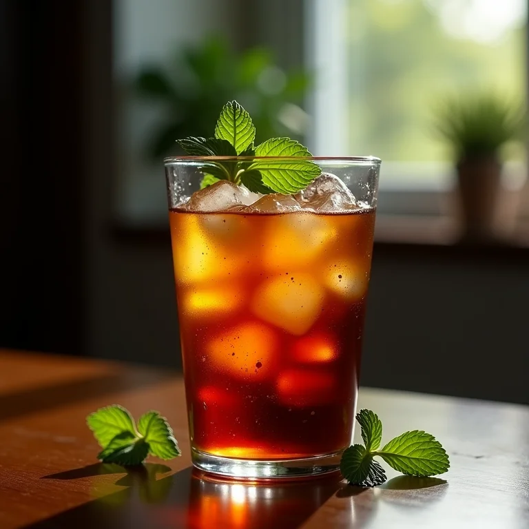 Chá e Coca-Cola sendo misturados em copo com gelo e hortelã