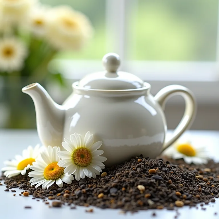 Chá Earl Grey e camomila ao redor de bule branco