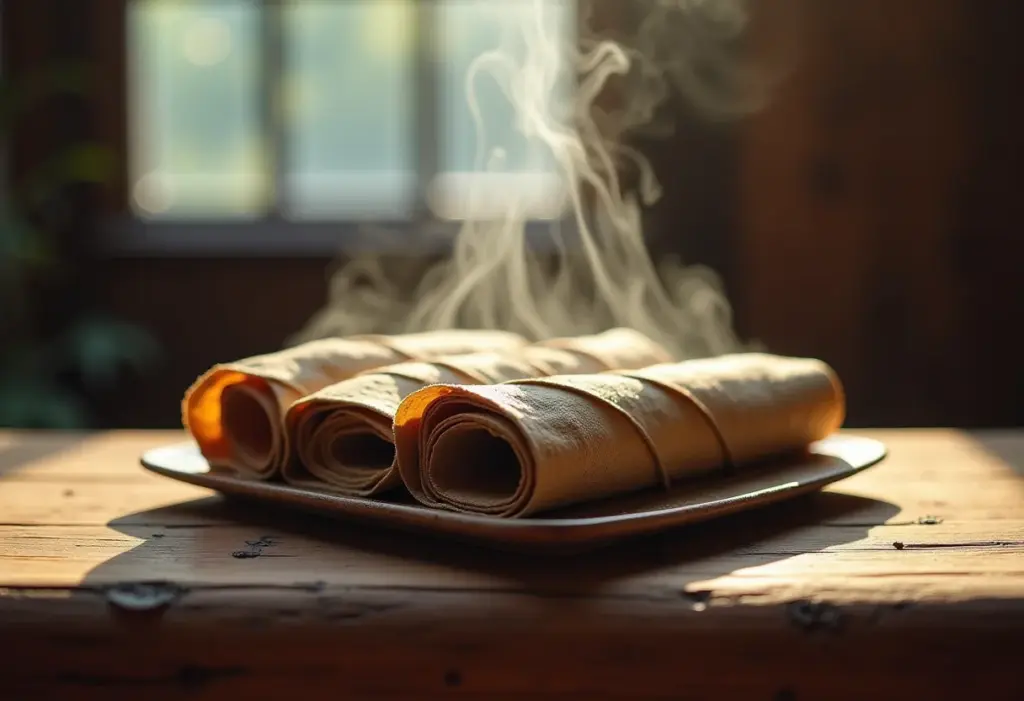 Chá enrolado em mesa rústica com vapor