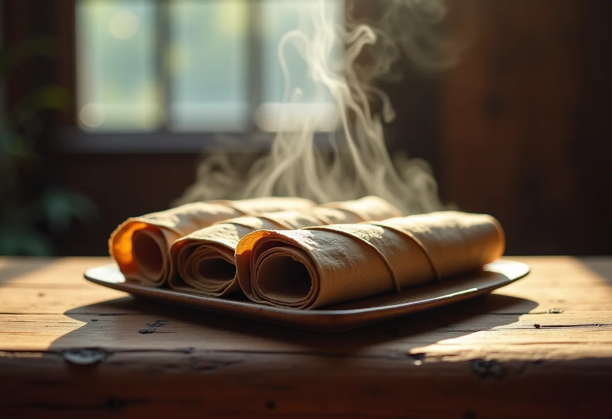 Chá enrolado em mesa rústica com vapor