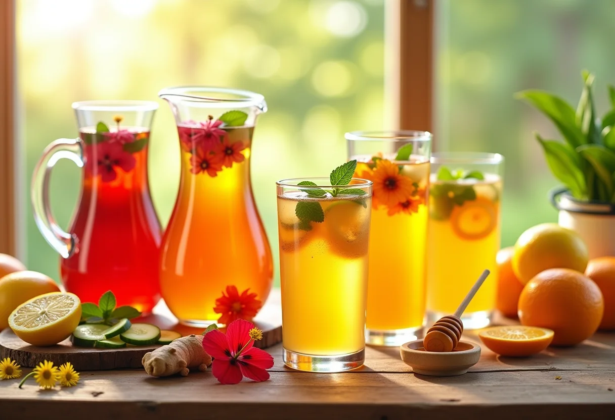 Chá gelado caseiro com hibisco, limão, gengibre, hortelã, pepino, maçã verde, camomila, laranja e mel.