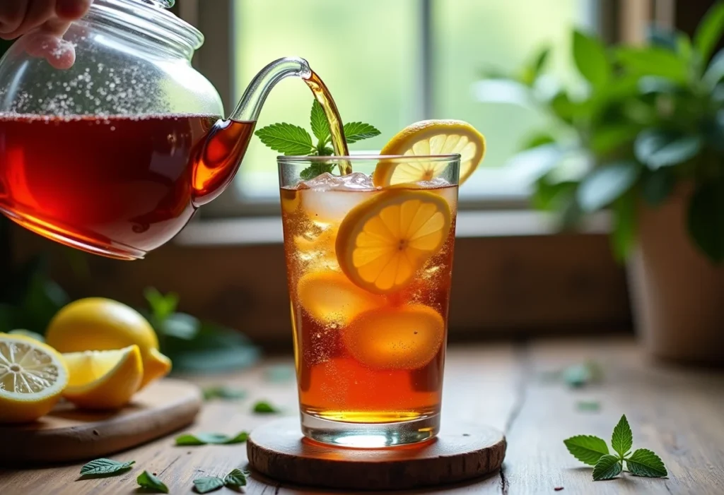 Chá gelado com água com gás: o truque refrescante dos chefs Chá gelado com água com gás sendo servido em copo com gelo e limão.