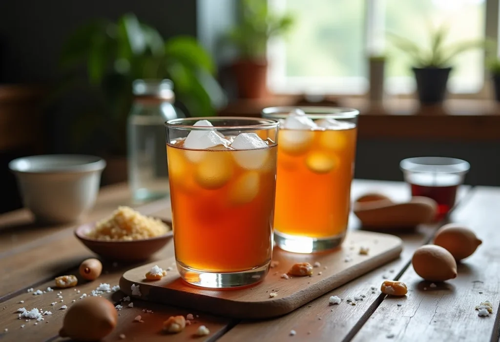 Chá gelado com caramelo salgado sendo preparado em uma mesa rústica