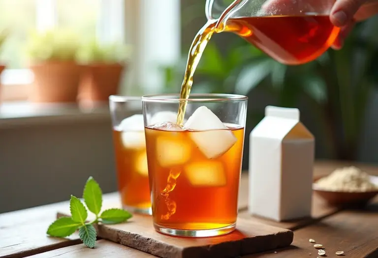 Chá gelado com leite de aveia sendo servido em copo com gelo.