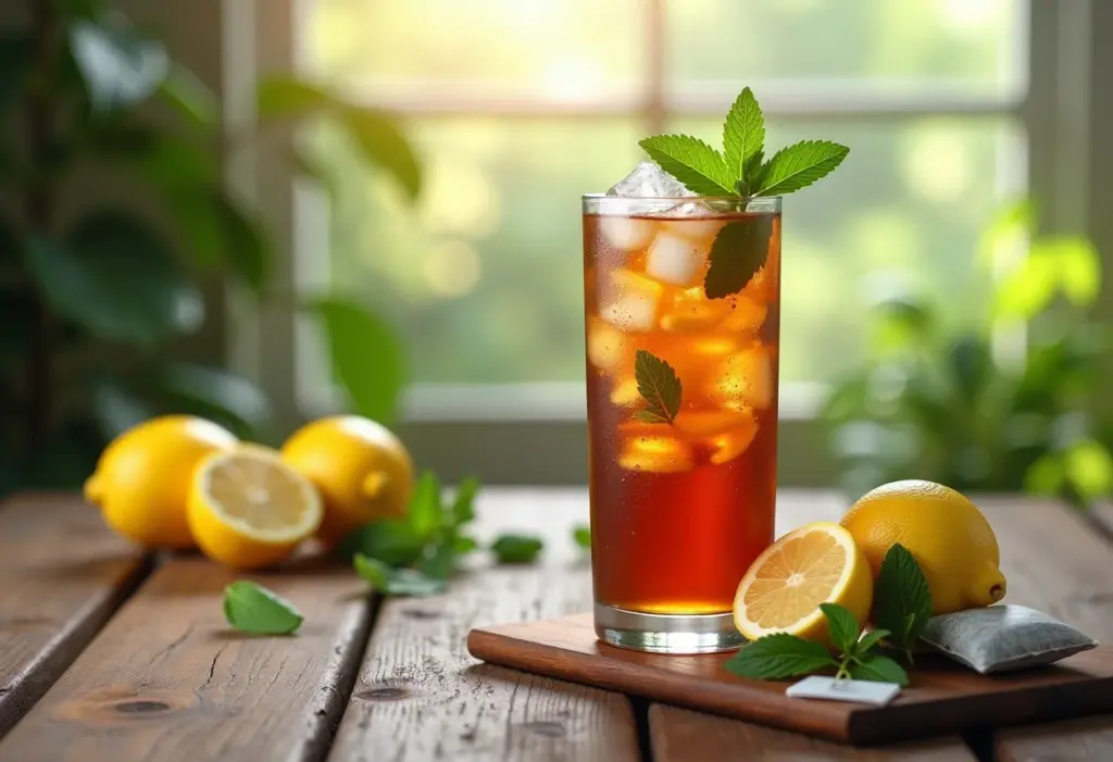 Chá gelado com limão e hortelã em mesa de madeira rústica.