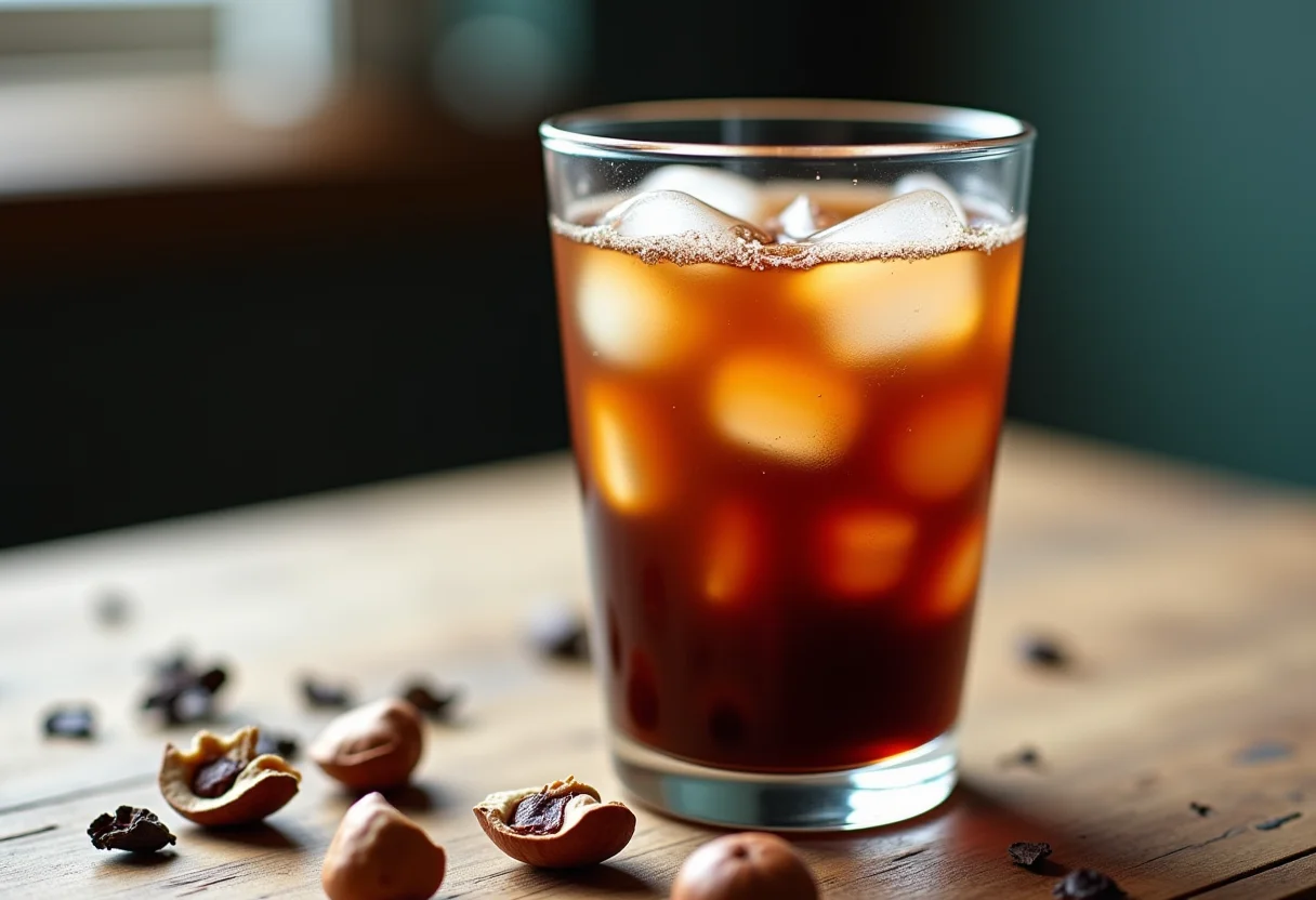 Chá gelado com Nutella em copo de vidro com gelo e avelãs ao redor.