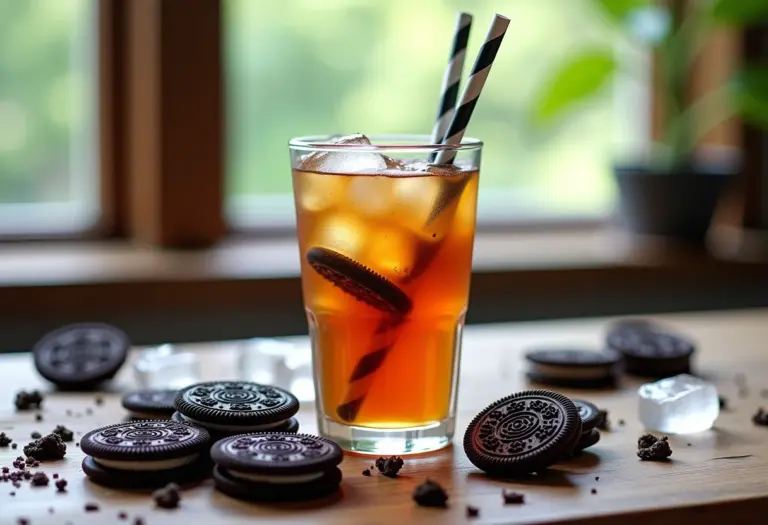 Chá gelado com Oreo em mesa de madeira rústica com ingredientes