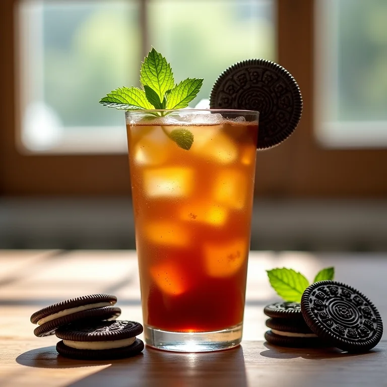Chá gelado com Oreo finalizado e decorado com hortelã.