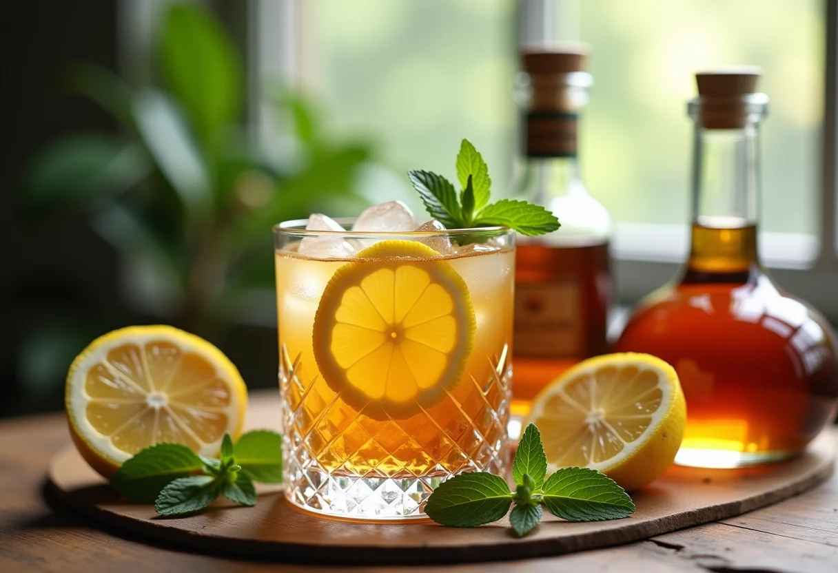 Chá gelado com rum, limão e hortelã em mesa de madeira rústica