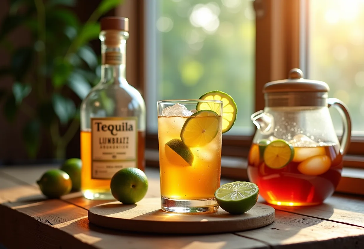 Chá gelado com tequila em mesa rústica com ingredientes.