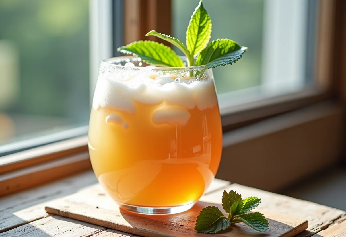 Chá gelado cremoso Rafaello com coco e hortelã