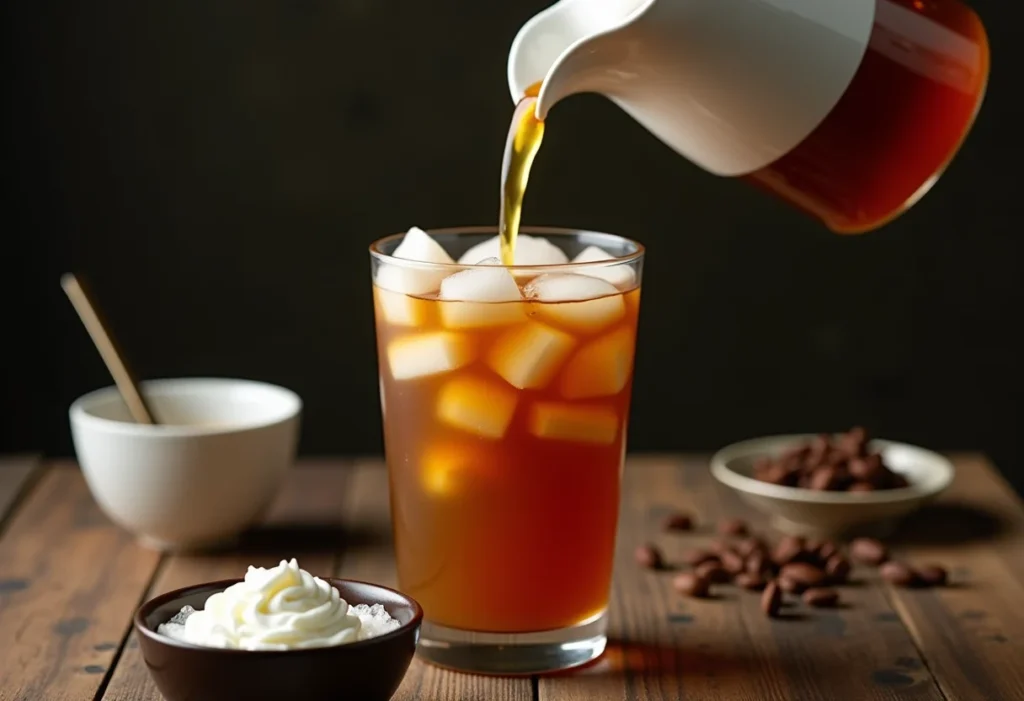 Chá gelado cremoso: O truque para uma receita perfeita e refrescante Chá gelado cremoso sendo servido em copo, com ingredientes ao redor.