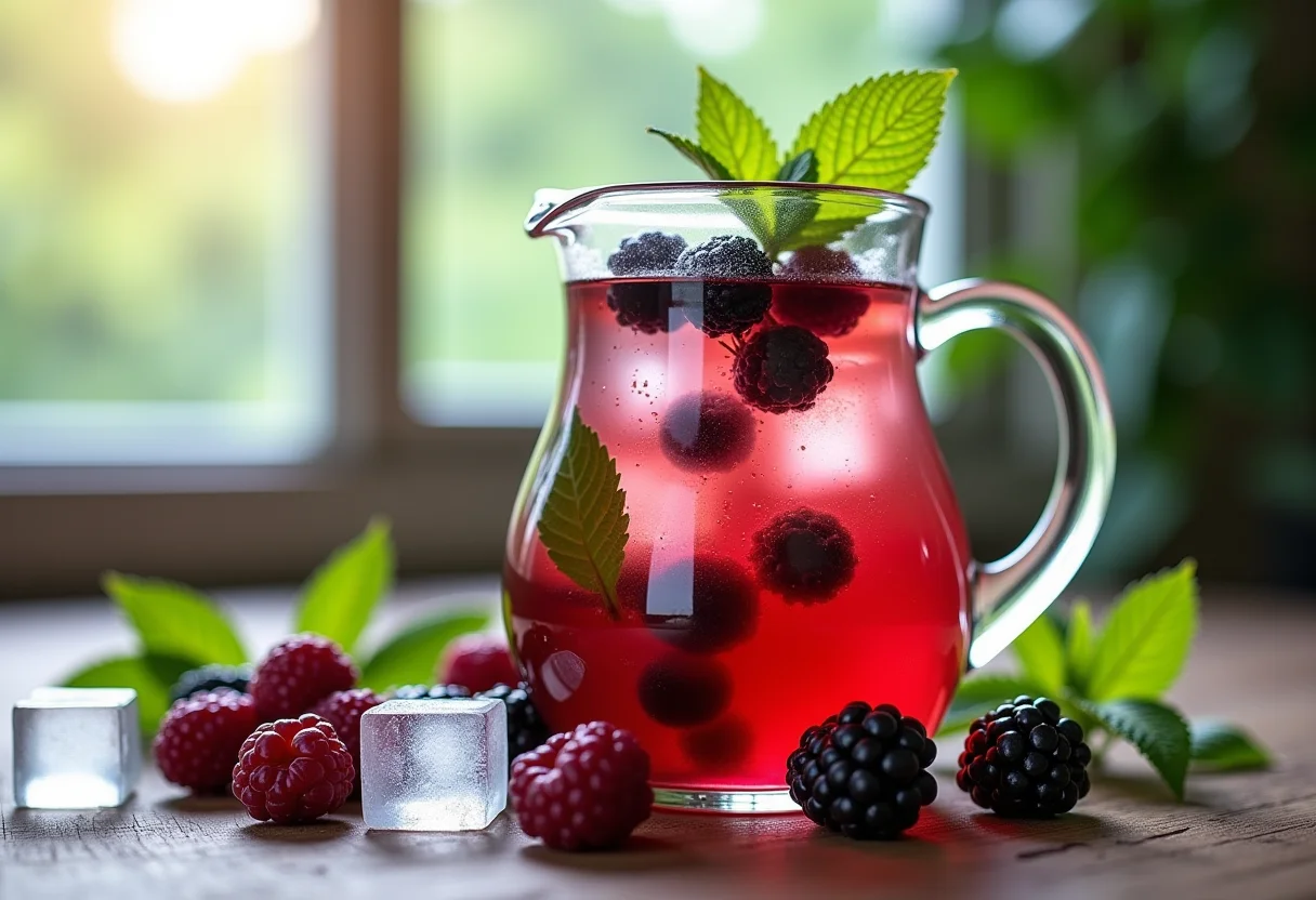 Chá gelado de açaí refrescante com frutas frescas e gelo.