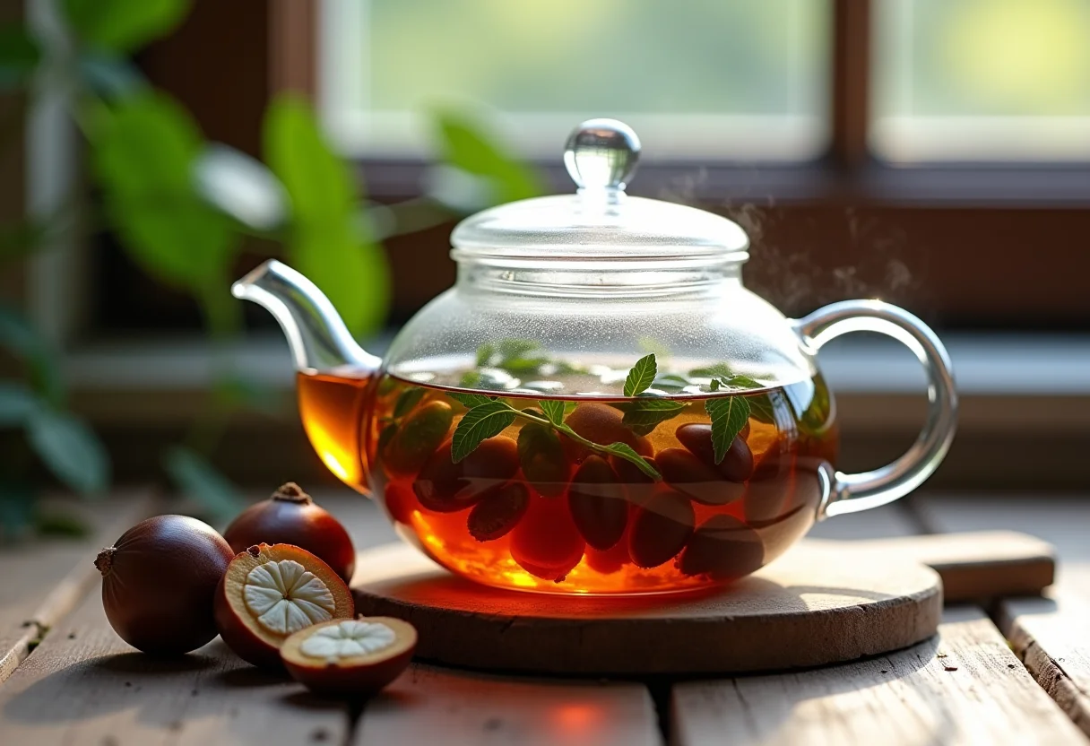 Chá gelado de castanha sendo preparado em bule de vidro.