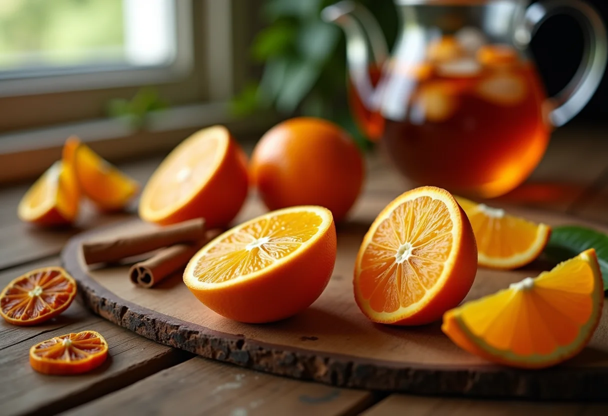 Chá gelado de laranja amarga com especiarias em mesa de madeira rústica.