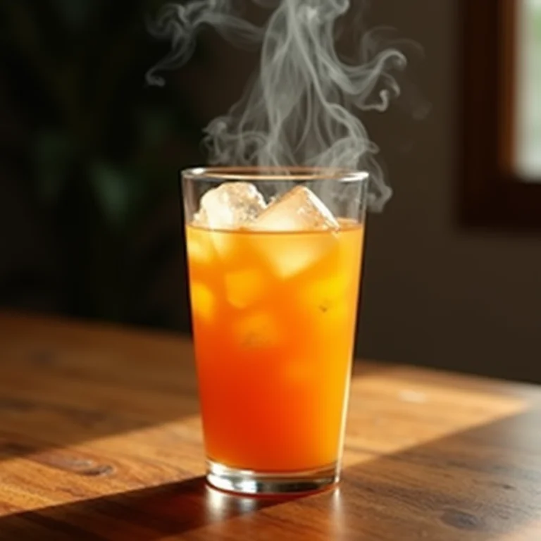 Chá gelado de laranja amarga sendo servido em um copo alto com gelo.