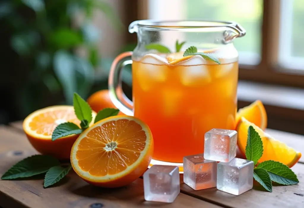 Chá gelado turbinado: a receita secreta com laranja pera coroa Chá gelado de laranja pera coroa com hortelã e gelo