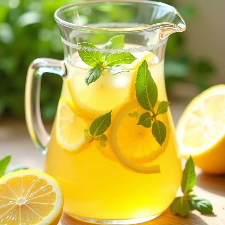 Chá gelado de limão com rodelas de limão e melissa.
