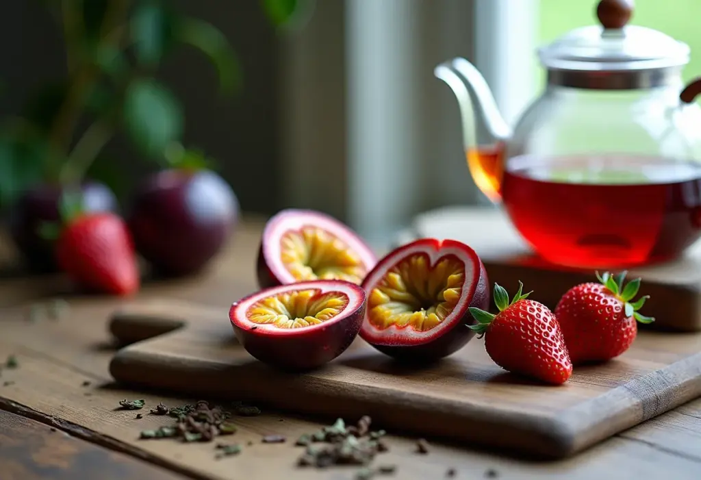 Chá gelado de maracujá e morango em mesa rústica