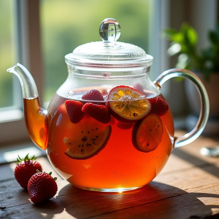 Chá gelado de maracujá e morango sendo preparado passo a passo