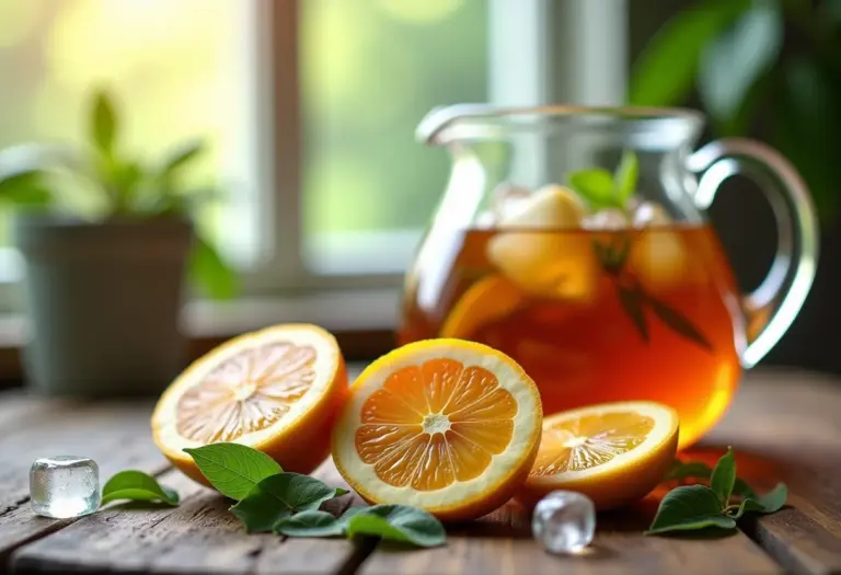 Chá gelado de murcote refrescante em mesa de madeira rústica