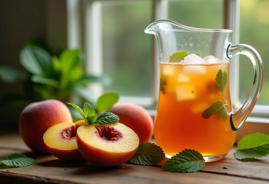 Chá gelado de pêssego refrescante com hortelã e gelo.