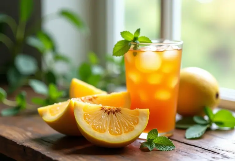 Chá gelado de ponkan com hortelã em mesa rústica.