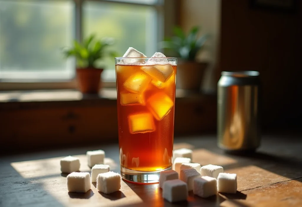 Chá gelado em copo com cubos de açúcar e lata ao lado