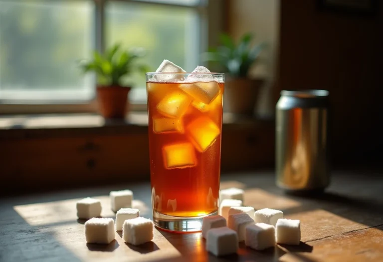 Chá gelado em copo com cubos de açúcar e lata ao lado