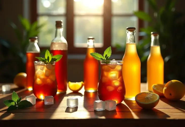 Chá gelado em latas e copos com ingredientes naturais em mesa de madeira