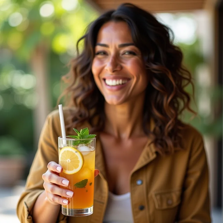 Chá gelado refrescante com cubos de limão e hortelã