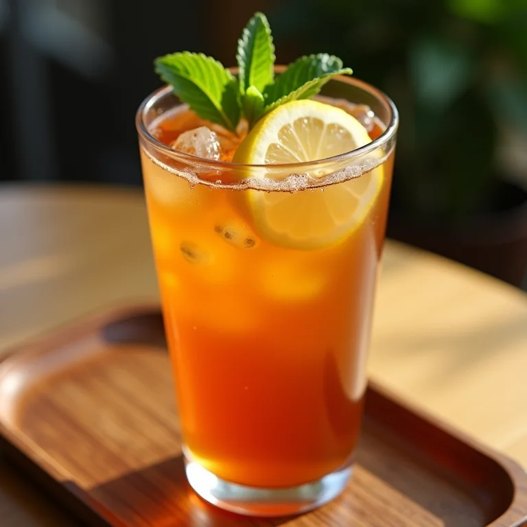 Chá gelado servido em copo com guarnição de limão e hortelã.