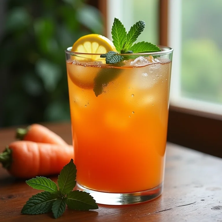 Chá gelado turbinado com cenoura decorado com hortelã e limão