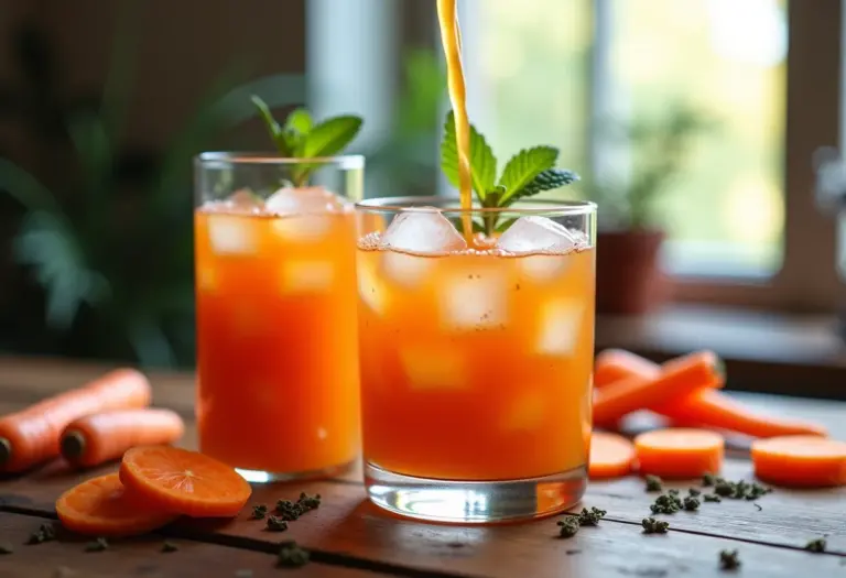 Chá gelado turbinado com suco de cenoura sendo preparado em mesa rústica