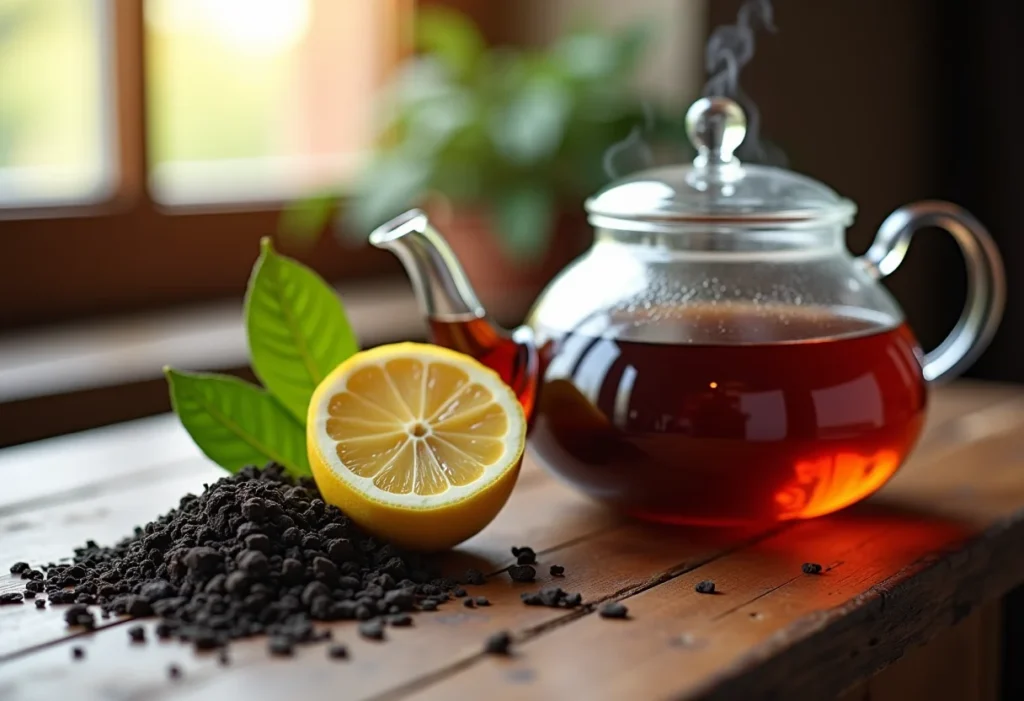 Chá preto com limão sendo preparado em mesa rústica