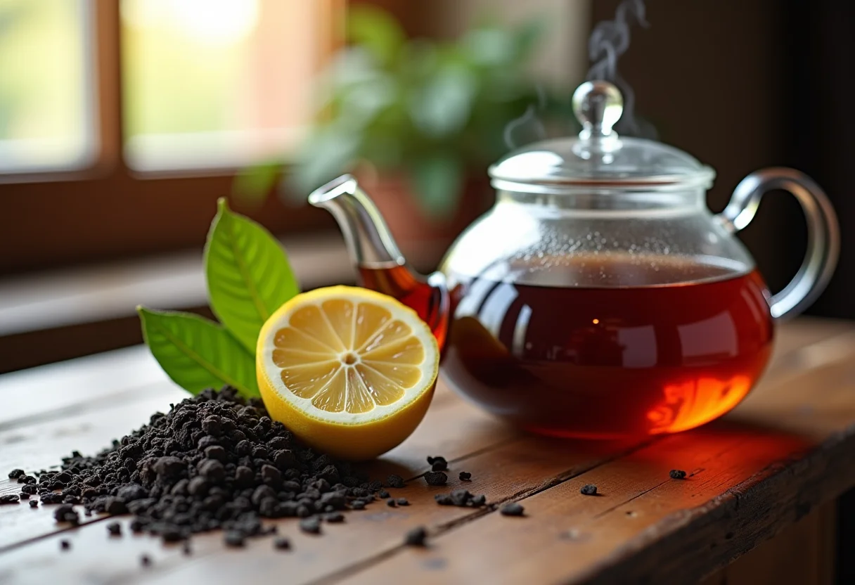 Chá preto com limão sendo preparado em mesa rústica
