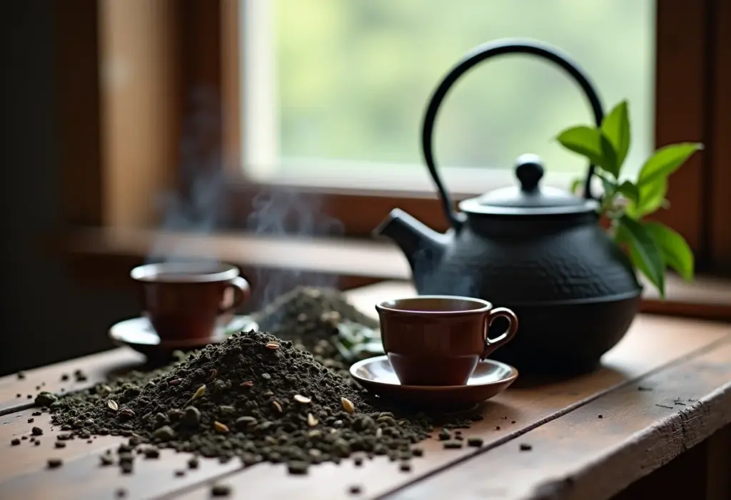 Chá preto e chá mate: folhas secas, xícaras de cerâmica e bule de ferro sobre mesa rústica.