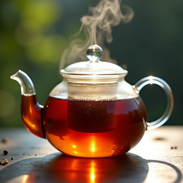 Chá preto sendo preparado em bule de vidro
