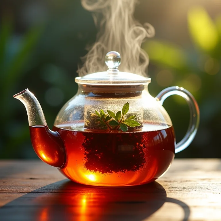 Chá preto sendo preparado em bule de vidro.