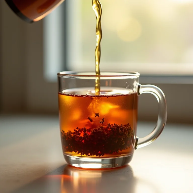 Chá preto sendo servido em copo de vidro transparente