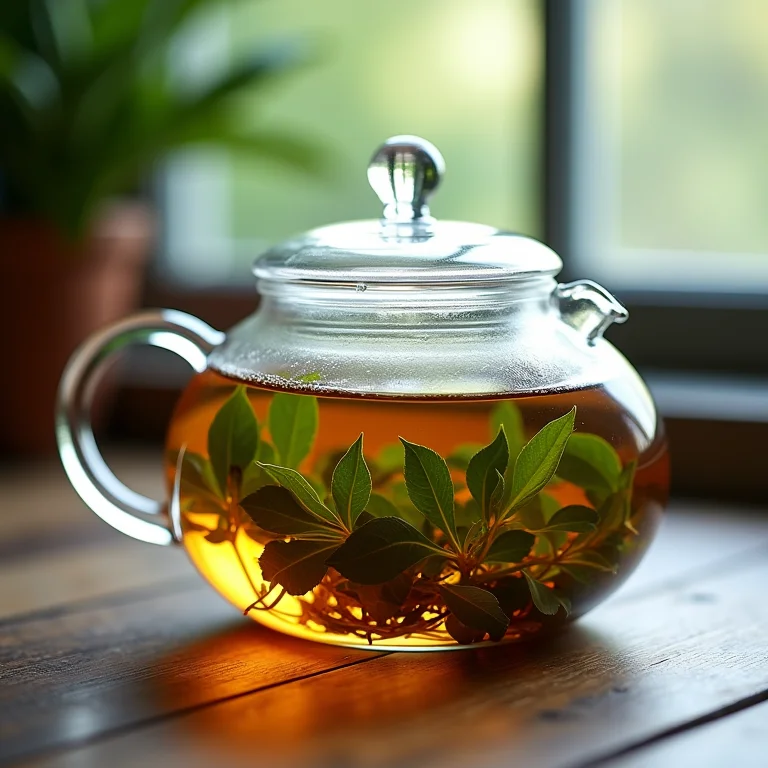Chá sendo preparado em bule de vidro.