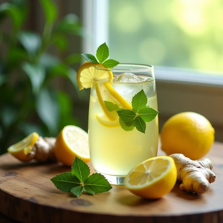 Chá verde com limão e gengibre em copo de vidro com gelo.