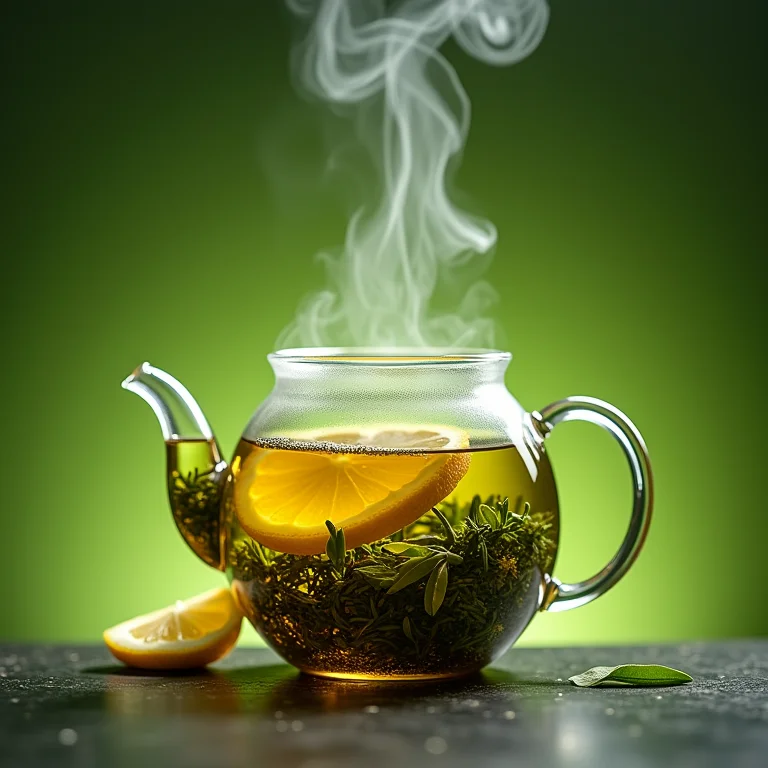 Chá verde com limão sendo preparado em bule de vidro