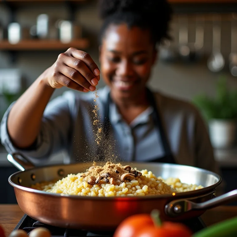 Chef adicionando funghi seco ao risoto