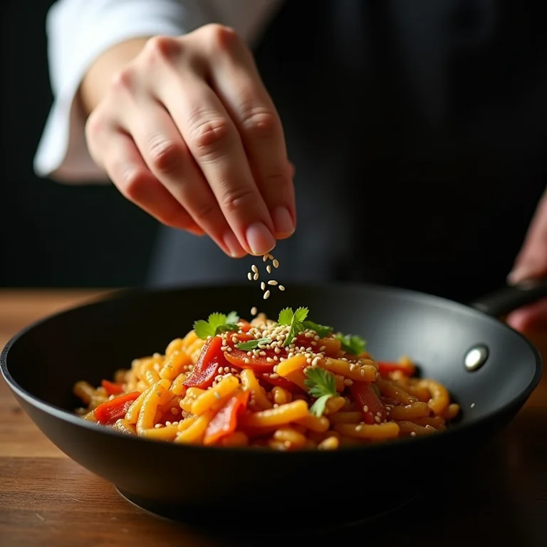Chef finalizando stir fry com sementes de gergelim