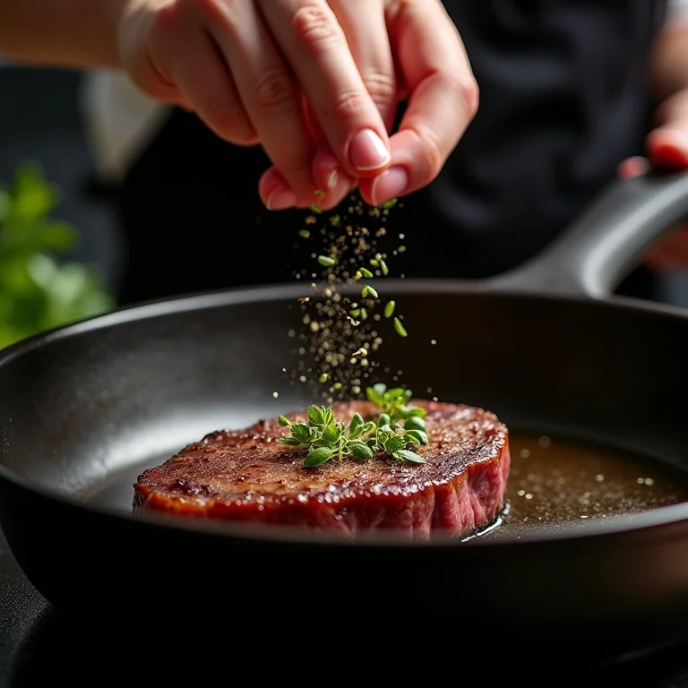 Chef temperando carne com ervas de Provence.