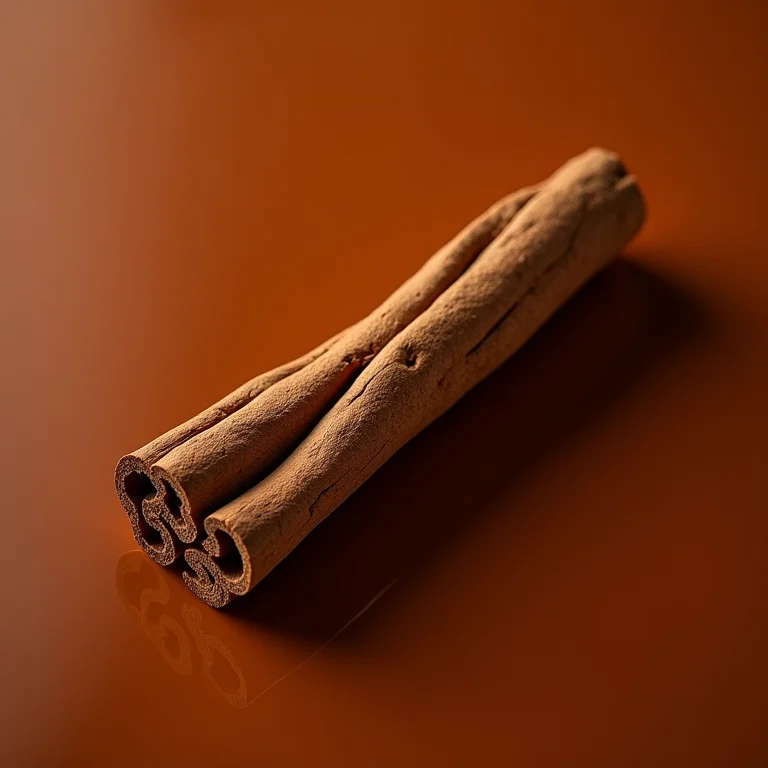 Close-up da casca da canela Cassia, exibindo sua textura grossa e cor marrom intensa.