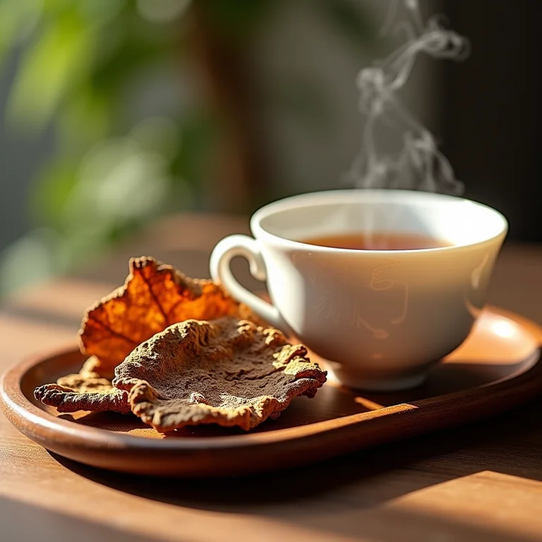 Close-up da casca de Uxi Amarelo e xícara de chá fumegante