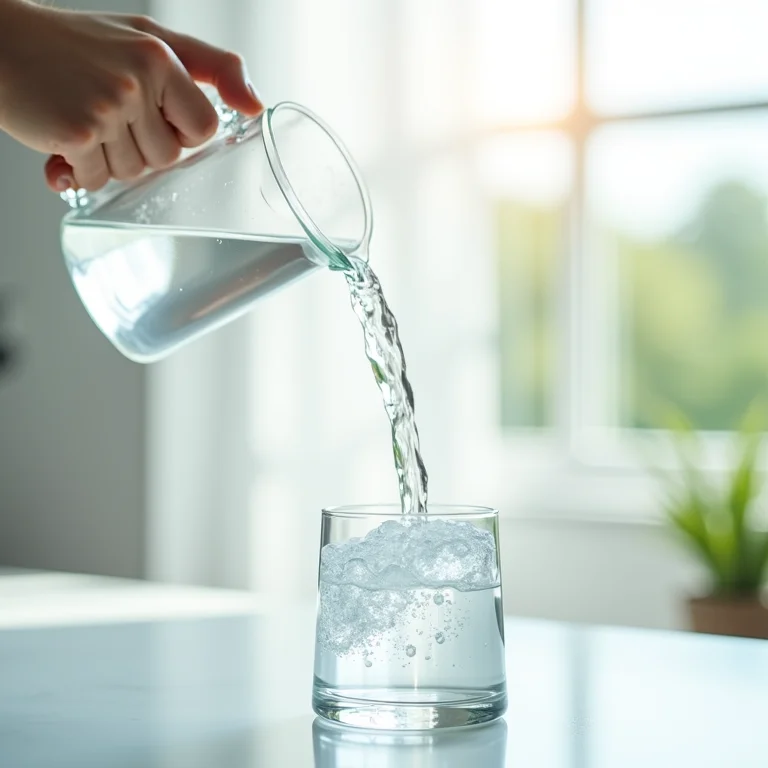 Close-up de água purificada sendo derramada em uma jarra de vidro transparente.